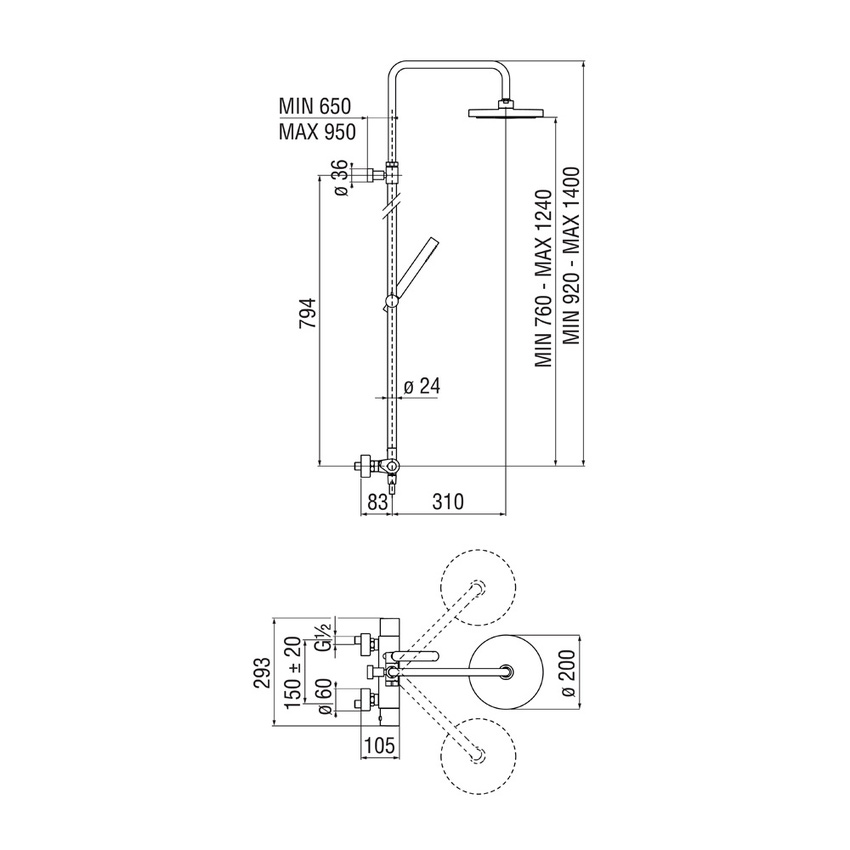 Nobili YO126030/50BM YOYO colonna doccia con termostatico esterno e rampa  telescopica, con soffione ø 20 cm, supporto doccetta scorrevole e  orientabile, doccetta monogetto e flessibile 150 cm, finitura velvet black