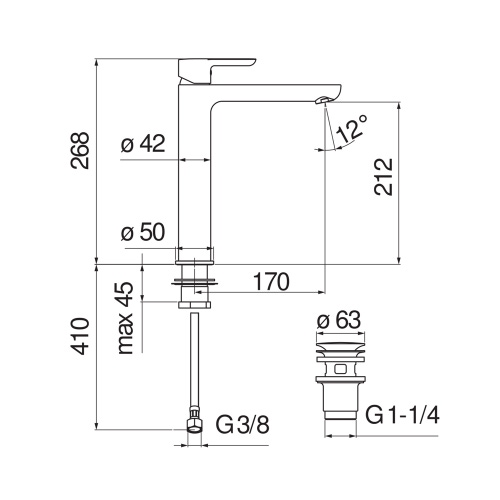 Immagine di Nobili ABC miscelatore monocomando per bacinella H.27 cm, con limitatore di portata, con scarico push 1 1/4”, finitura cromo AB87128/2CR