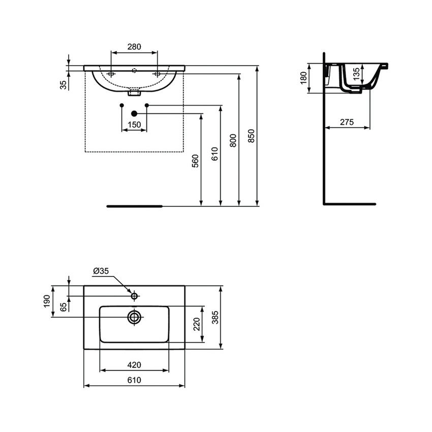 Ideal Standard T459001 I.LIFE S lavabo top L.61 H.18 P.38.5 cm monoforo, con  foro del troppopieno, colore bianco finitura lucido