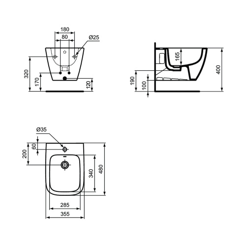 Immagine di Ideal Standard I.LIFE S bidet sospeso L.35.5 H.30 P.48 cm monoforo, con foro del troppopieno, fissaggi completamente nascosti, colore bianco finitura lucido T459301