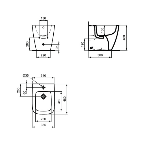 Immagine di Ideal Standard I.LIFE S bidet a terra L.35.5 H.40 P.48 cm, monoforo, per installazione filo parete, con foro del troppopieno, colore bianco finitura lucido T459501