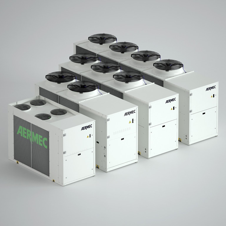 Immagine di Aermec NRB0332 Pompa di calore reversibile condensata ad aria da esterno versione ad alta efficenza silenziata con kit accumulo con pompa bassa prevalenza NRB0332°H°E°°°01