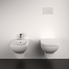 Immagine di Ideal Standard I.LIFE A set sanitari sospesi, vaso RimLS+ con sedile a chiusura normale, bidet monoforo con troppopieno, colore bianco finitura lucido T452301-T452401-T453001