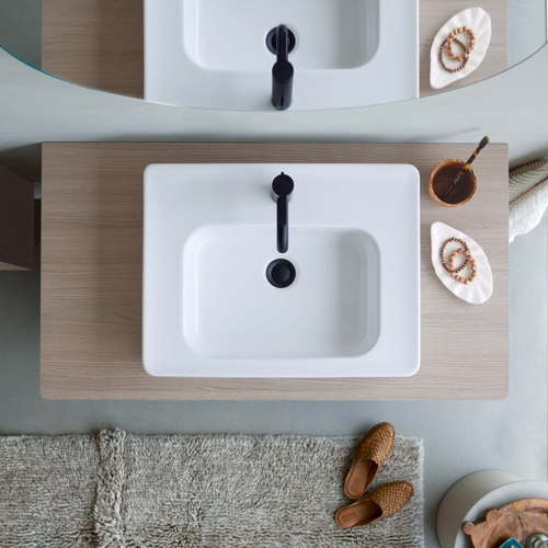 Immagine di Duravit SOLEIL bacinella da appoggio soprapiano L.56 cm rettificata, con troppopieno e bordo per la rubinetteria, colore bianco finitura lucido 2378560027