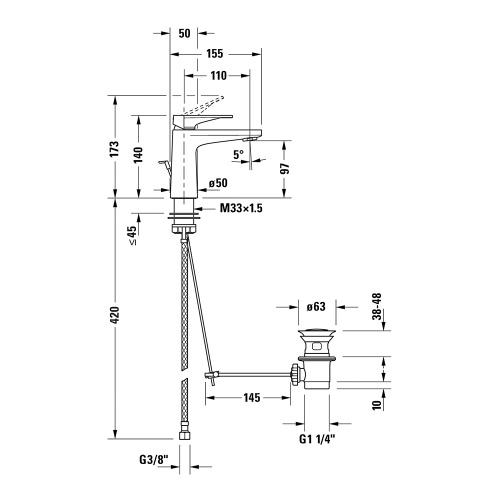 Immagine di Duravit TULUM miscelatore monocomando per lavabo H.14 cm, tecnologia Freshstart, con scarico e limitatore di portata, finitura cromo TU1011001010