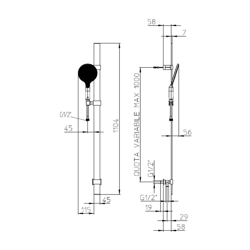Immagine di Bossini APICE set doccia composto da: asta murale Flat H.110 cm, supporti a muro regolabili, supporto a muro inferiore con presa acqua incorporata, doccetta Ø 14 cm e flessibile 150 cm, finitura cromo D48086300030013