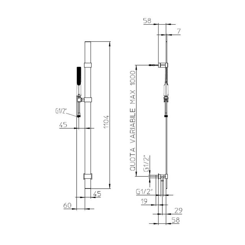Immagine di Bossini APICE set doccia composto da: asta murale Flat H.110 cm, supporti a muro regolabili, supporto a muro inferiore con presa acqua incorporata, doccetta Slim e flessibile Cromolux 150 cm, finitura cromo D48088300030013
