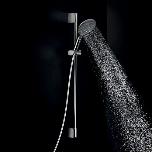 Immagine di Bossini APICE set doccia composto da: asta murale H.90 cm, supporto a muro regolabile, interasse minimo 82 cm, doccetta Ø 14 cm e flessibile Cromolux 150 cm, finitura cromo DA5059N00030009