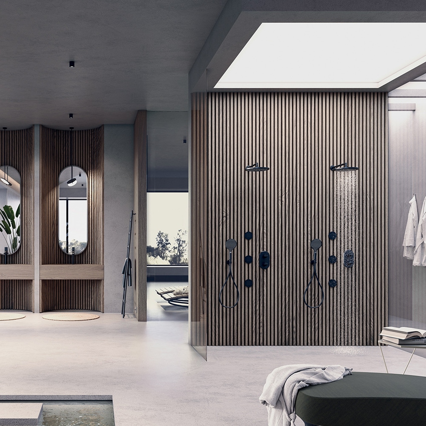 Immagine di Bossini APICE set composto da soffione Ø 28 cm e braccio doccia ad angolo P.35 cm, finitura cromo H70430H00030005