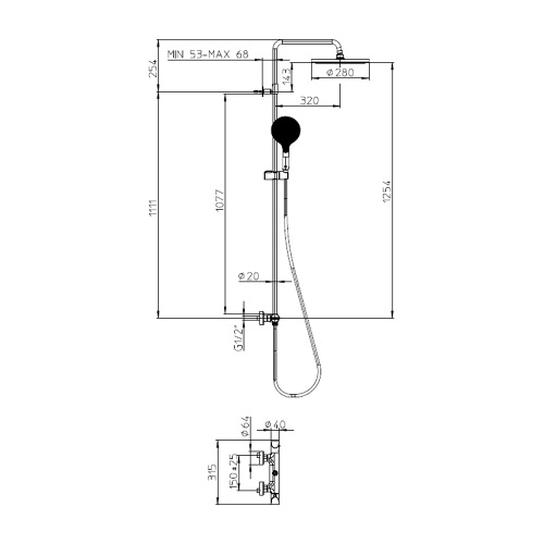 Immagine di Bossini APICE colonna doccia, con soffione Ø 28 cm, doccetta Ø 14 cm, supporto doccia orientabile, flessibile Cromolux 150 cm e miscelatore termostatico esterno con deviatore, finitura cromo L10505000030008