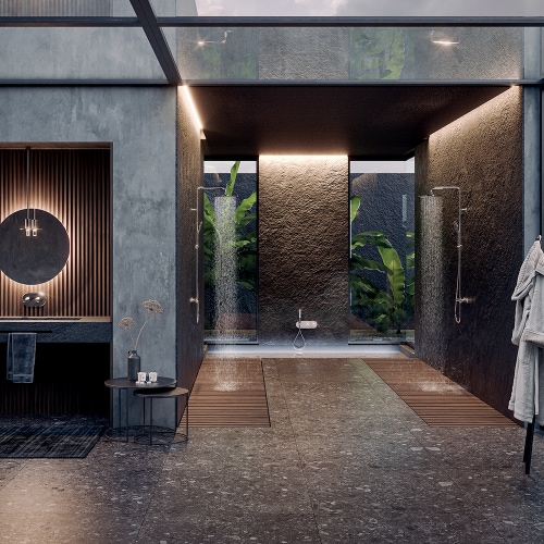 Immagine di Bossini APICE colonna doccia, con soffione Ø 28 cm, doccetta Ø 14 cm, supporto doccia orientabile, flessibile Cromolux 150 cm e miscelatore termostatico esterno con deviatore, finitura cromo L10505000030008