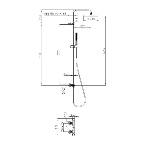 Immagine di Bossini APICE colonna doccia, con soffione Ø 28 cm, doccetta Slim Ø 14 cm, supporto doccia orientabile, flessibile Cromolux 150 cm e miscelatore termostatico esterno con deviatore, finitura cromo L10507000030008