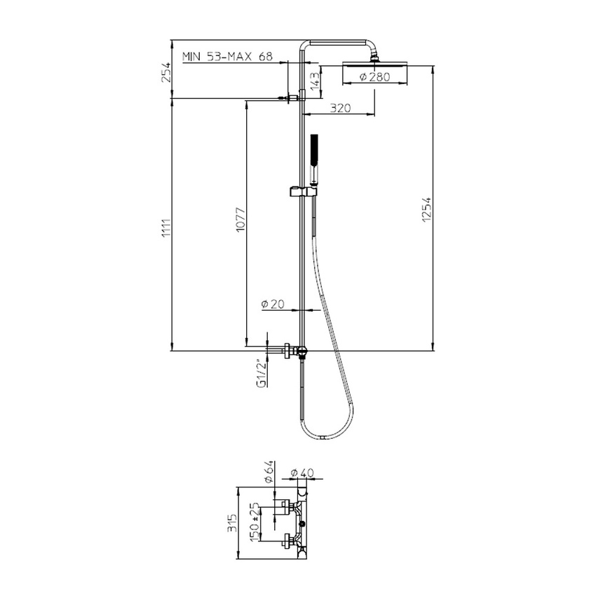 Immagine di Bossini APICE colonna doccia, con soffione Ø 28 cm, doccetta Slim Ø 14 cm, supporto doccia orientabile, flessibile Cromolux 150 cm e miscelatore termostatico esterno con deviatore, finitura cromo L10507000030008