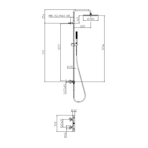 Immagine di Bossini APICE colonna doccia, con soffione Ø 28 cm, doccetta Slim Ø 14 cm, supporto doccia orientabile, flessibile Cromolux 150 cm e miscelatore monocomando esterno con deviatore, finitura cromo L10508000030008