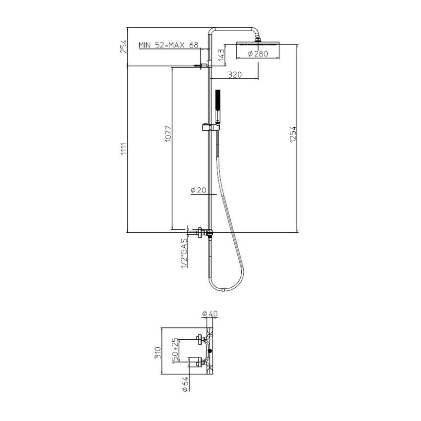 Immagine di Bossini APICE colonna doccia, con soffione Ø 28 cm, doccetta Slim Ø 14 cm, supporto doccia orientabile, flessibile Cromolux 150 cm e miscelatore monocomando esterno con deviatore, finitura cromo L10508000030008