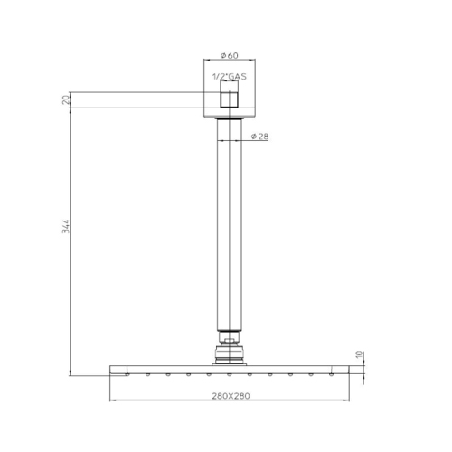 Immagine di Bossini COSMO soffione quadrato 28 cm, in ottone, con braccio doccia verticale, colore nero finitura opaco H30598G00073009