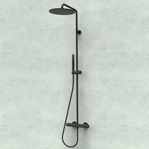Immagine di Bossini COSMO TERMOSTATICO set doccia completo: colonna murale, soffione Ø 28 cm, doccetta e flessibile 150 cm, colore nero finitura opaco L10092000073008