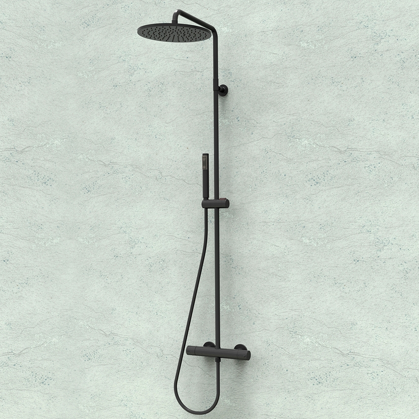 Immagine di Bossini COSMO TERMOSTATICO set doccia completo: colonna murale, soffione Ø 28 cm, doccetta e flessibile 150 cm, colore nero finitura opaco L10092000073008