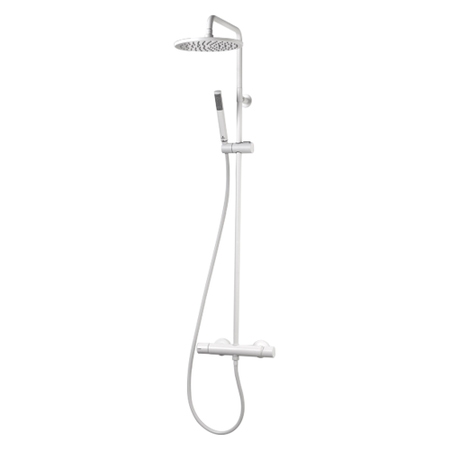 Immagine di Bossini COSMO set doccia completo: colonna murale, soffione Ø 23 cm, doccetta, supporto doccia orientabile e flessibile 150 cm, colore bianco finitura opaco  L10095000045008