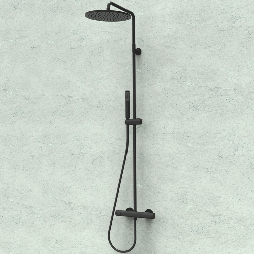 Immagine di Bossini COSMO set doccia completo: colonna murale, soffione Ø 23 cm, doccetta, supporto doccia orientabile e flessibile 150 cm, colore nero finitura opaco  L10095000073008