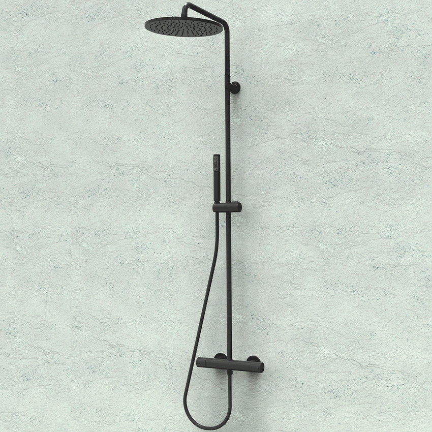 Immagine di Bossini COSMO set doccia completo: colonna murale, soffione Ø 23 cm, doccetta, supporto doccia orientabile e flessibile 150 cm, colore nero finitura opaco  L10095000073008