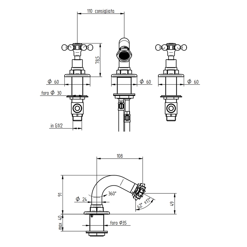 Immagine di Bellosta BRUSIN+ batteria bidet 3 fori, con bocca girevole, senza scarico, finitura cromo 01-5707/4/S