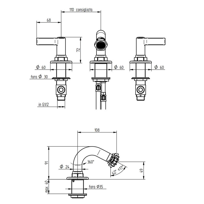 Immagine di Bellosta  BRUSIN- batteria bidet 3 fori, con bocca girevole, senza scarico, finitura cromo  01-5707/4L/S