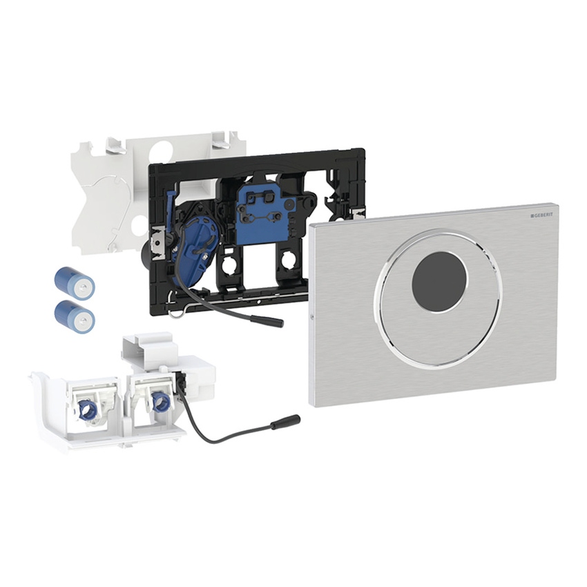 Immagine di Geberit SIGMA10 placca di comando per WC con azionamento elettronico del risciacquo, funzionamento a batteria, automatico, placca e tasto finitura spazzolato, anelli e design finitura lucido 115.891.SN.6