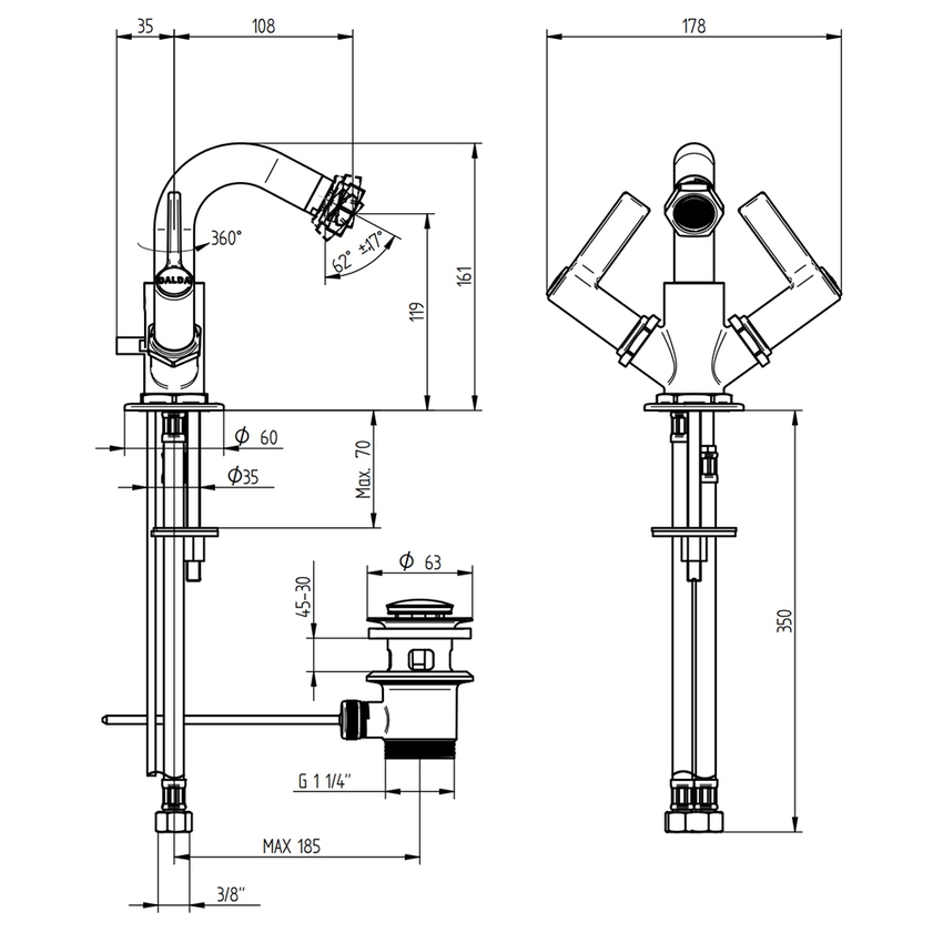 Immagine di Bellosta BRUSIN- rubinetteria bidet, monoforo, con bocca girevole, con scarico, finitura cromo 01-5707/2L
