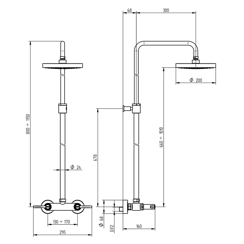 Immagine di Bellosta BRUSIN- gruppo doccia esterno, con stelo regolabile, miscelatore termostatico e soffione orientabile Ø 20 cm, finitura cromo 01-5709/4L