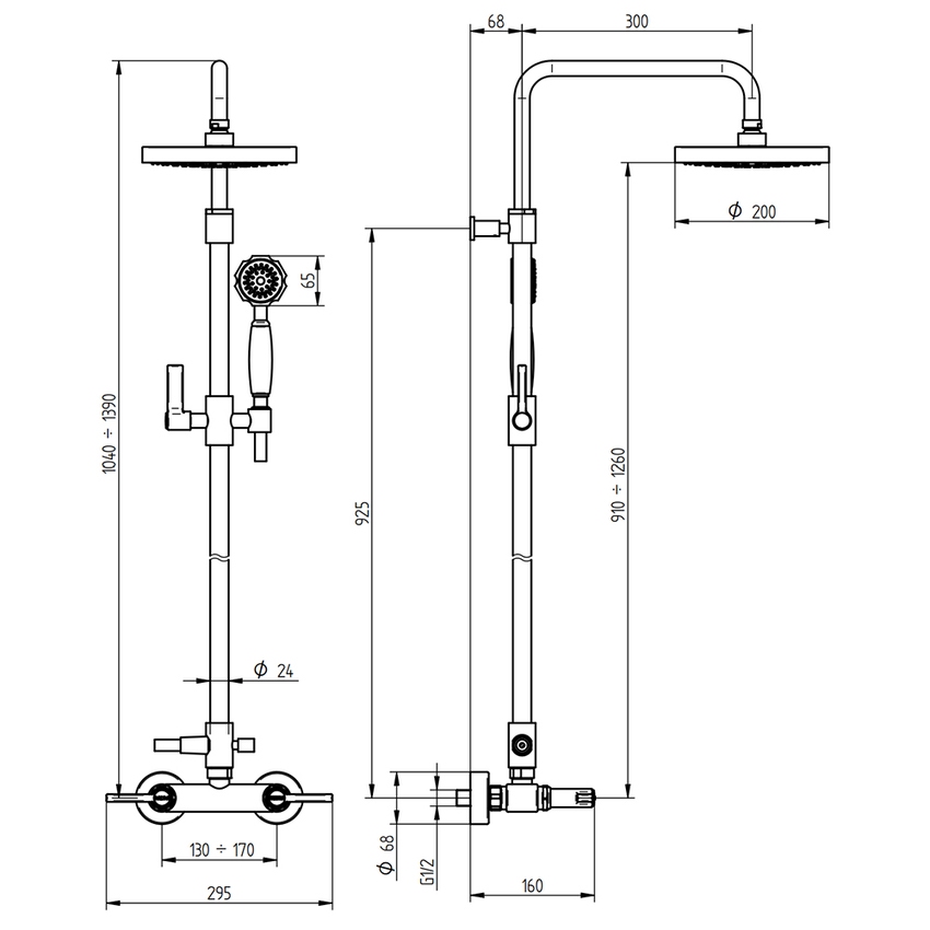 Immagine di Bellosta BRUSIN- gruppo doccia esterno, con stelo regolabile, miscelatore, soffione Ø 20 cm, supporto doccetta, con deviatore, doccetta e flessibile 150 cm, finitura cromo 01-5709/5/1L