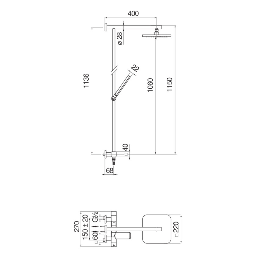 Immagine di Nobili LOOP colonna doccia con termostatico esterno, soffione quadrato a snodo 22 cm, doccetta, supporto doccetta e flessibile 150 cm, finitura cromo LP90030/30CR