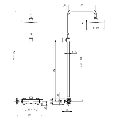 Immagine di Bellosta BRUSIN+ gruppo doccia esterno, con stelo regolabile, miscelatore termostatico e soffione orientabile Ø 20 cm, finitura cromo 01-5711/4A