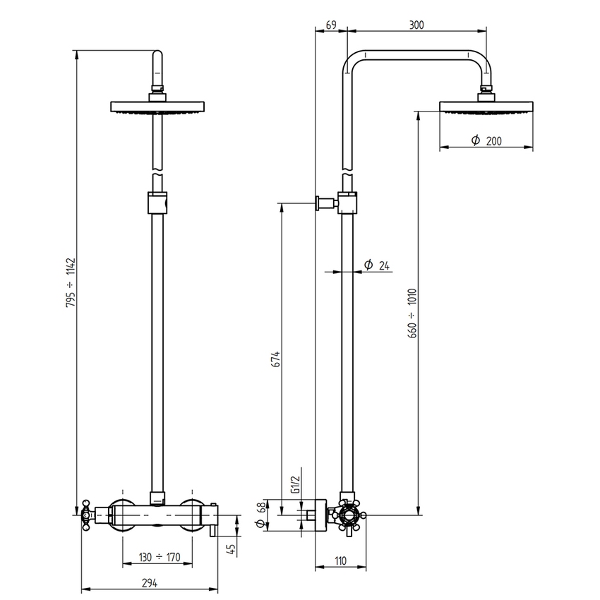 Immagine di Bellosta BRUSIN+ gruppo doccia esterno, con stelo regolabile, miscelatore termostatico e soffione orientabile Ø 20 cm, finitura cromo 01-5711/4A