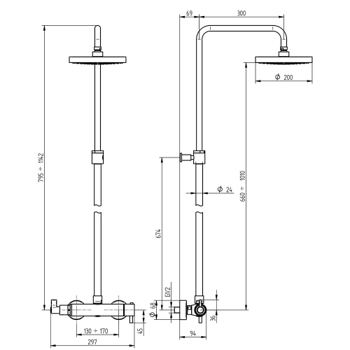 Immagine di Bellosta BRUSIN- gruppo doccia esterno, con stelo regolabile, miscelatore termostatico e soffione orientabile Ø 20 cm, finitura cromo 01-5711/4AL