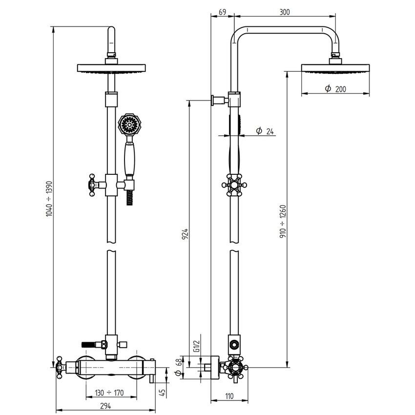 Bellosta 01-5711/5A BRUSIN+ gruppo doccia esterno, con stelo completo,  miscelatore termostatico, soffione Ø 20 cm, supporto doccetta, con  deviatore, doccetta e flessibile 150 cm, finitura cromo