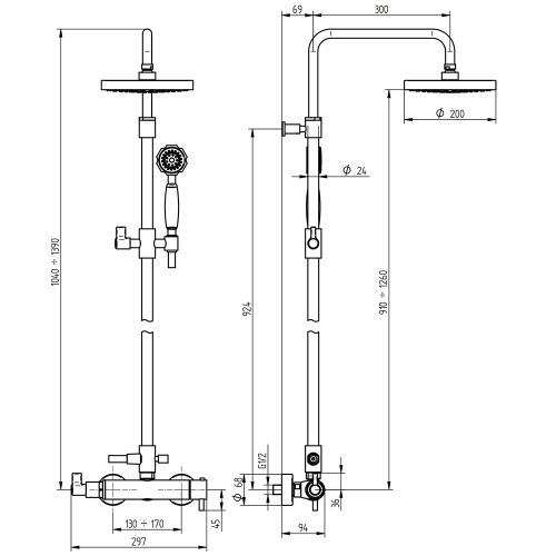 Immagine di Bellosta BRUSIN- gruppo doccia esterno, con stelo completo, miscelatore termostatico, soffione Ø 20 cm, supporto doccetta, con deviatore, doccetta e flessibile 150 cm, finitura cromo 01-5711/5AL