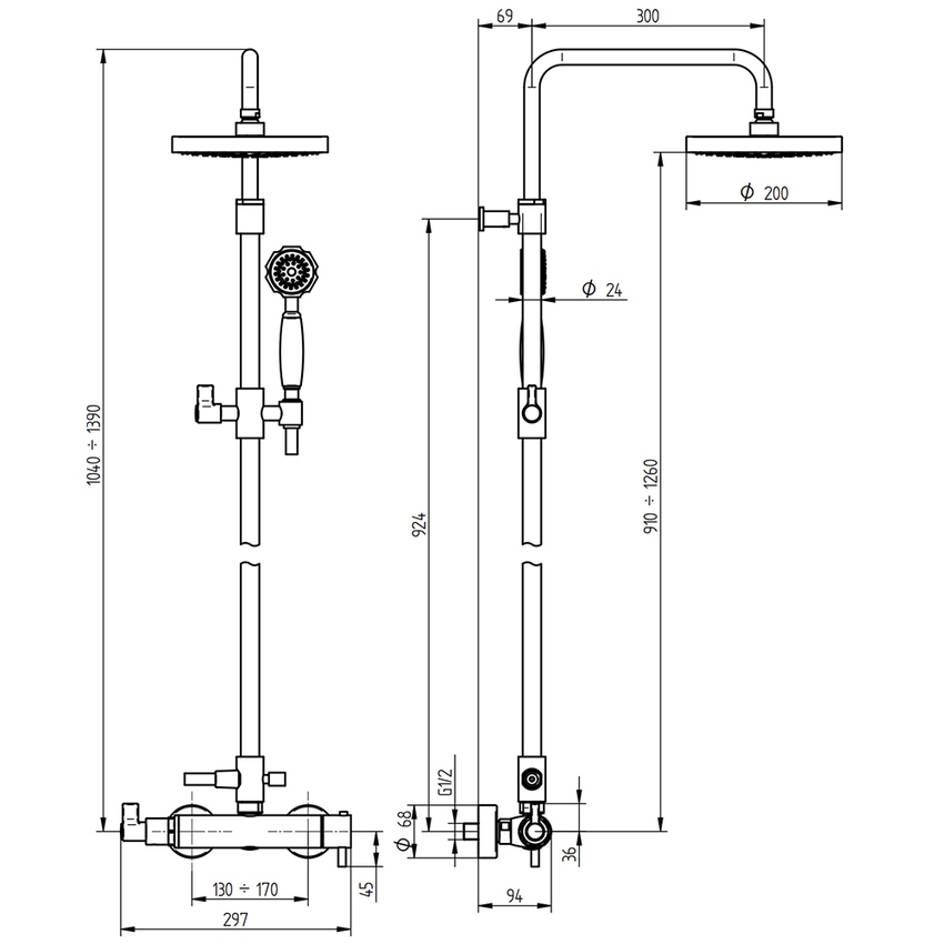 Immagine di Bellosta BRUSIN- gruppo doccia esterno, con stelo completo, miscelatore termostatico, soffione Ø 20 cm, supporto doccetta, con deviatore, doccetta e flessibile 150 cm, finitura cromo 01-5711/5AL