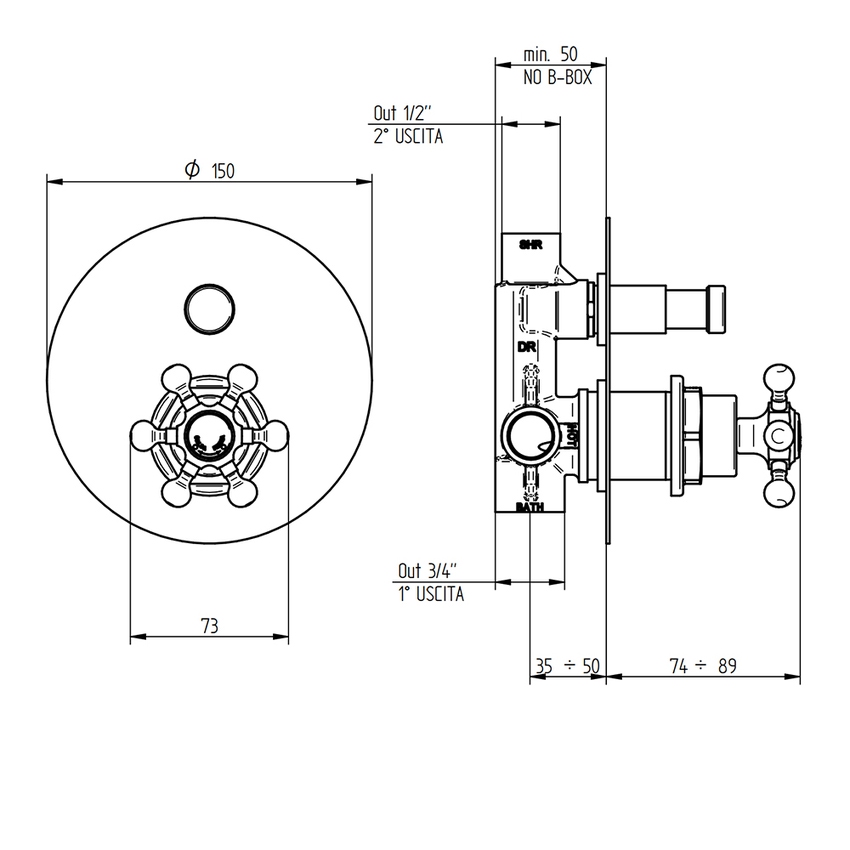 Immagine di Bellosta BRUSIN+ miscelatore a incasso con deviatore, 2 uscite, piastra tonda, senza corpo incasso, finitura cromo 01-5700/M/E