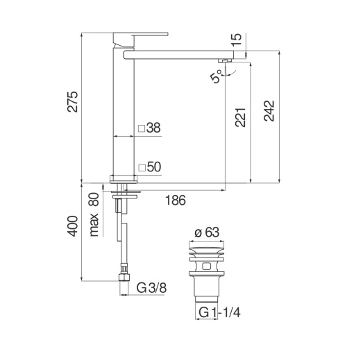 Immagine di Nobili LOOP miscelatore per bacinella H.28 cm, con scarico 1 1/4” push, finitura cromo LP90128/2CR