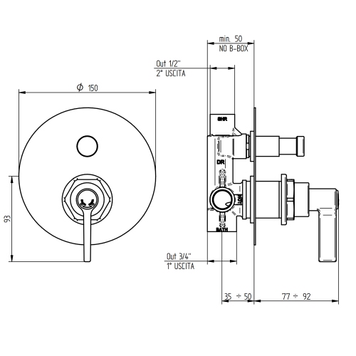 Immagine di Bellosta BRUSIN- miscelatore a incasso con deviatore, 2 uscite, piastra tonda, senza corpo incasso, finitura cromo 01-5700/ML/E