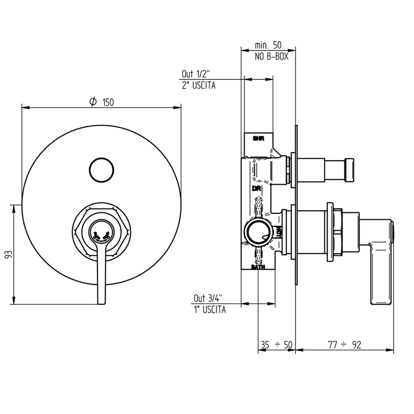 Immagine di Bellosta BRUSIN- miscelatore a incasso con deviatore, 2 uscite, piastra tonda, senza corpo incasso, finitura cromo 01-5700/ML/E