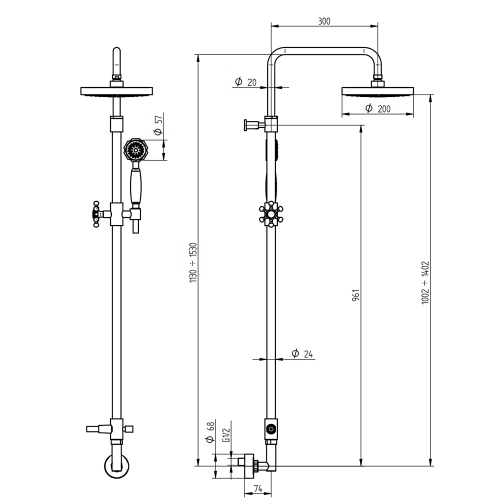 Immagine di Bellosta BRUSIN+ gruppo doccia esterno, con stelo completo, soffione Ø 20 cm, supporto doccetta scorrevole, con deviatore, doccetta e flessibile 150 cm, finitura cromo 01-5713/5/1