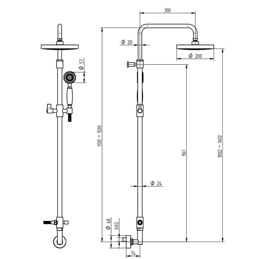 Immagine di Bellosta BRUSIN- gruppo doccia esterno, con stelo completo, soffione Ø 20 cm, supporto doccetta scorrevole, con deviatore, doccetta e flessibile 150 cm, finitura cromo 01-5713/5/1L