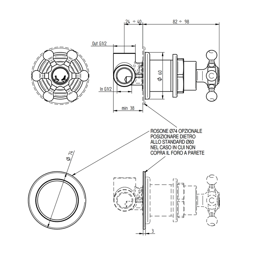Immagine di Bellosta BRUSIN+ miscelatore Ø 7.4 cm, a incasso, remoto, senza corpo incasso, finitura cromo 01-5705/R/B/E