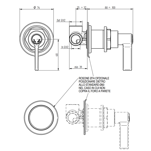 Immagine di Bellosta BRUSIN- miscelatore Ø 7.4 cm, a incasso, remoto, senza corpo incasso, finitura cromo 01-5705/R/BL/E