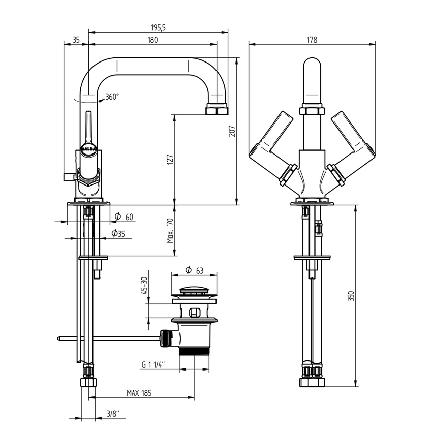 Immagine di Bellosta BRUSIN- rubinetteria lavabo H.21 cm, monoforo, bocca girevole, con scarico, finitura coromo 01-5705/2/AL
