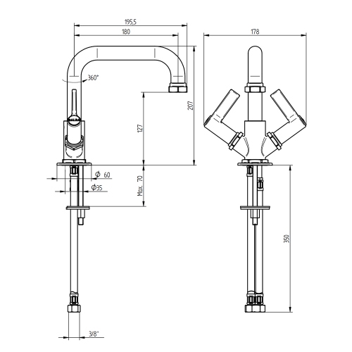 Immagine di Bellosta BRUSIN- rubinetteria lavabo H.21 cm, monoforo, bocca girevole, senza scarico, finitura cromo 01-5705/2/AL/S