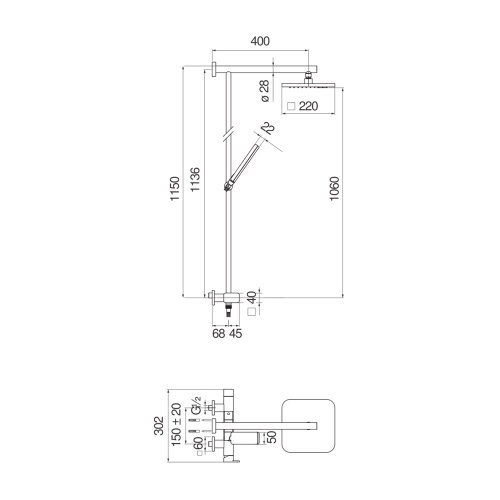 Immagine di Nobili LOOP colonna doccia con miscelatore monocomando esterno, soffione quadrato 22 cm, doccetta, supporto doccetta e flessibile 150 cm, finitura cromo LP90130/30CR
