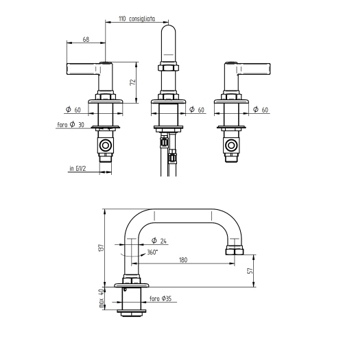 Immagine di Bellosta BRUSIN- rubinetteria lavabo H.14 cm, 3 fori, bocca girevole, senza scarico, finitura cromo 01-5705/4/AL/S